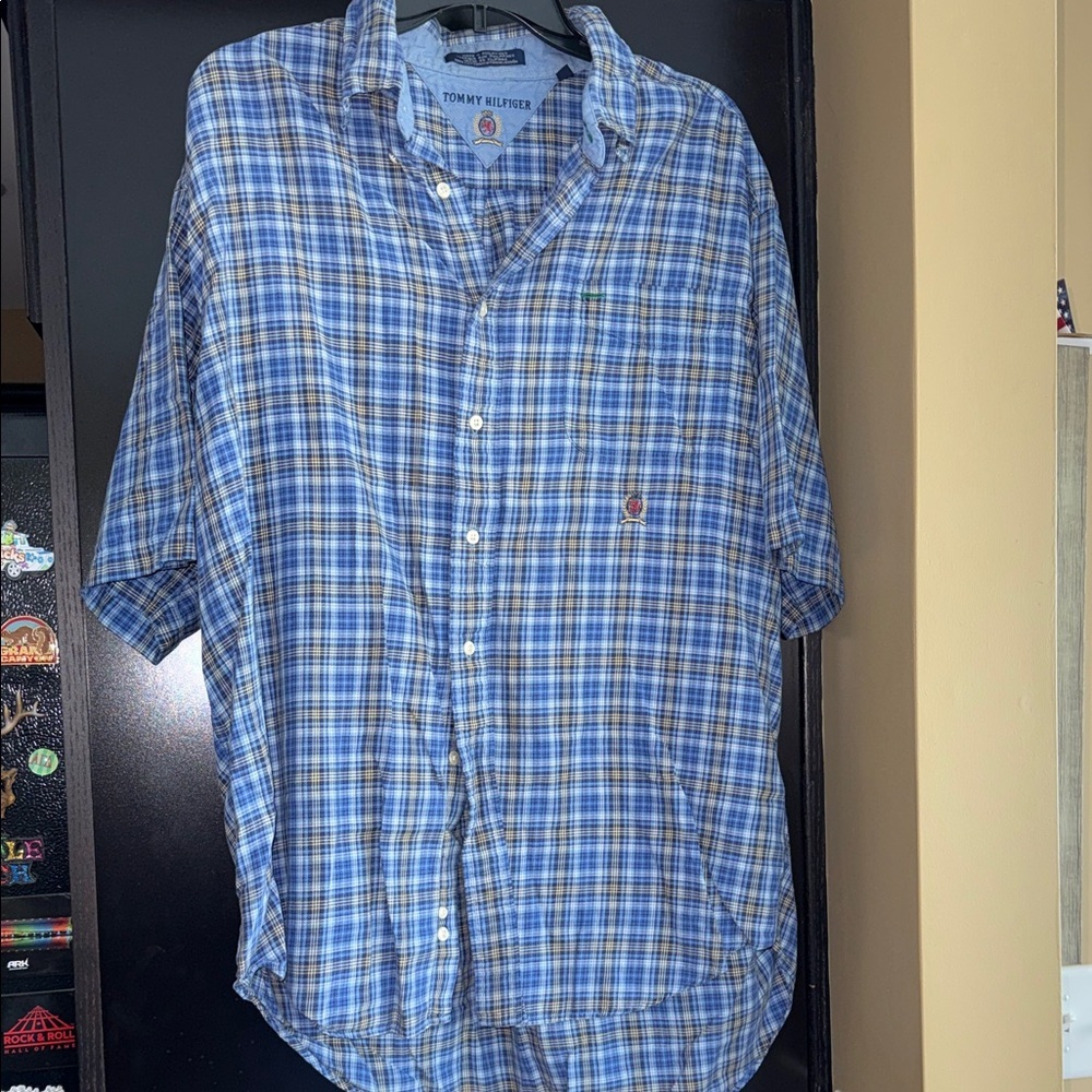 Tommy Hilfiger Men’s Blue and White Plaid Button-Down Shirt